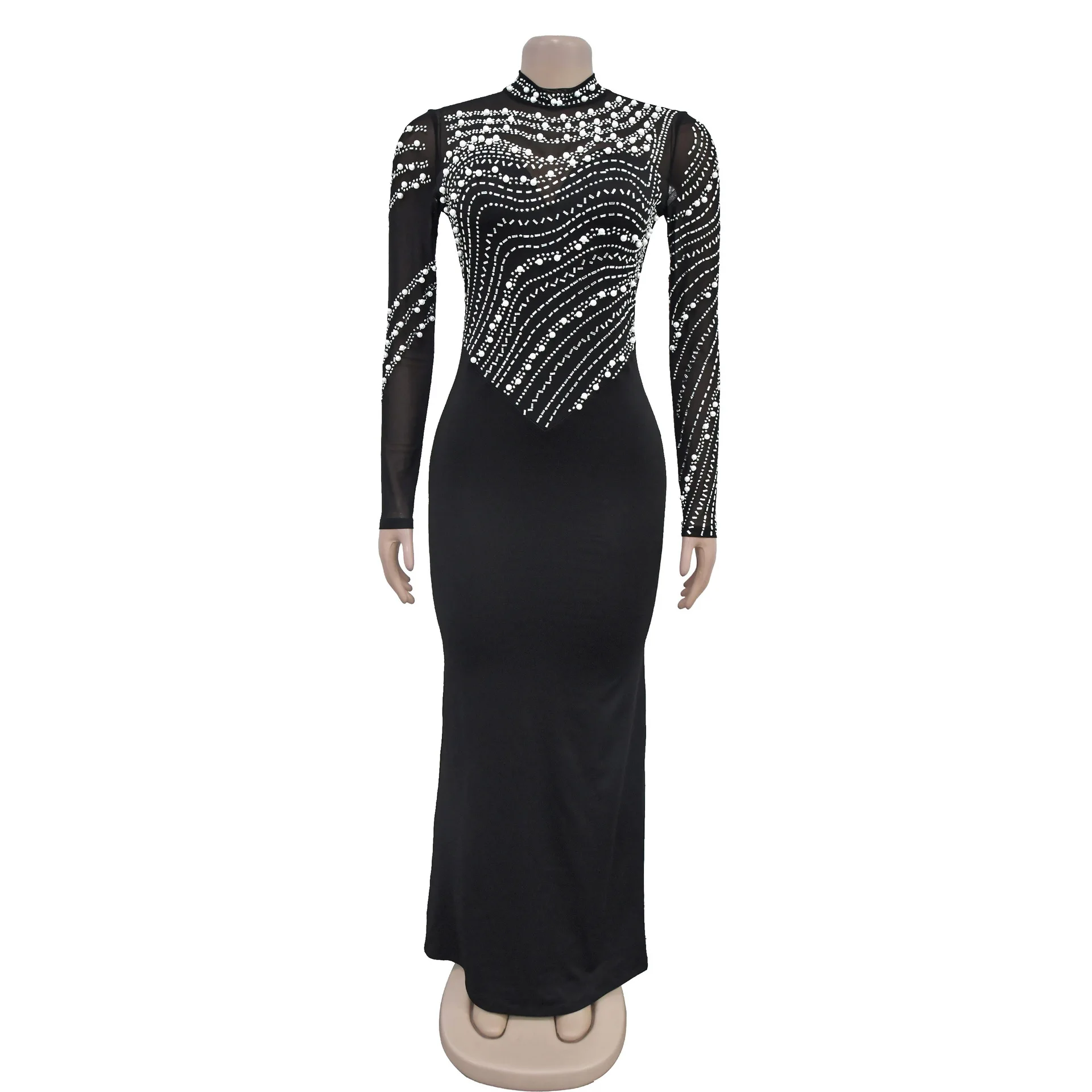 EINY Mesh Spliced Diamonds Slim Prom Dresses Women Rhinestones Long Sleeve Evening Elegant Birthday Formal Party Luxury Gowns