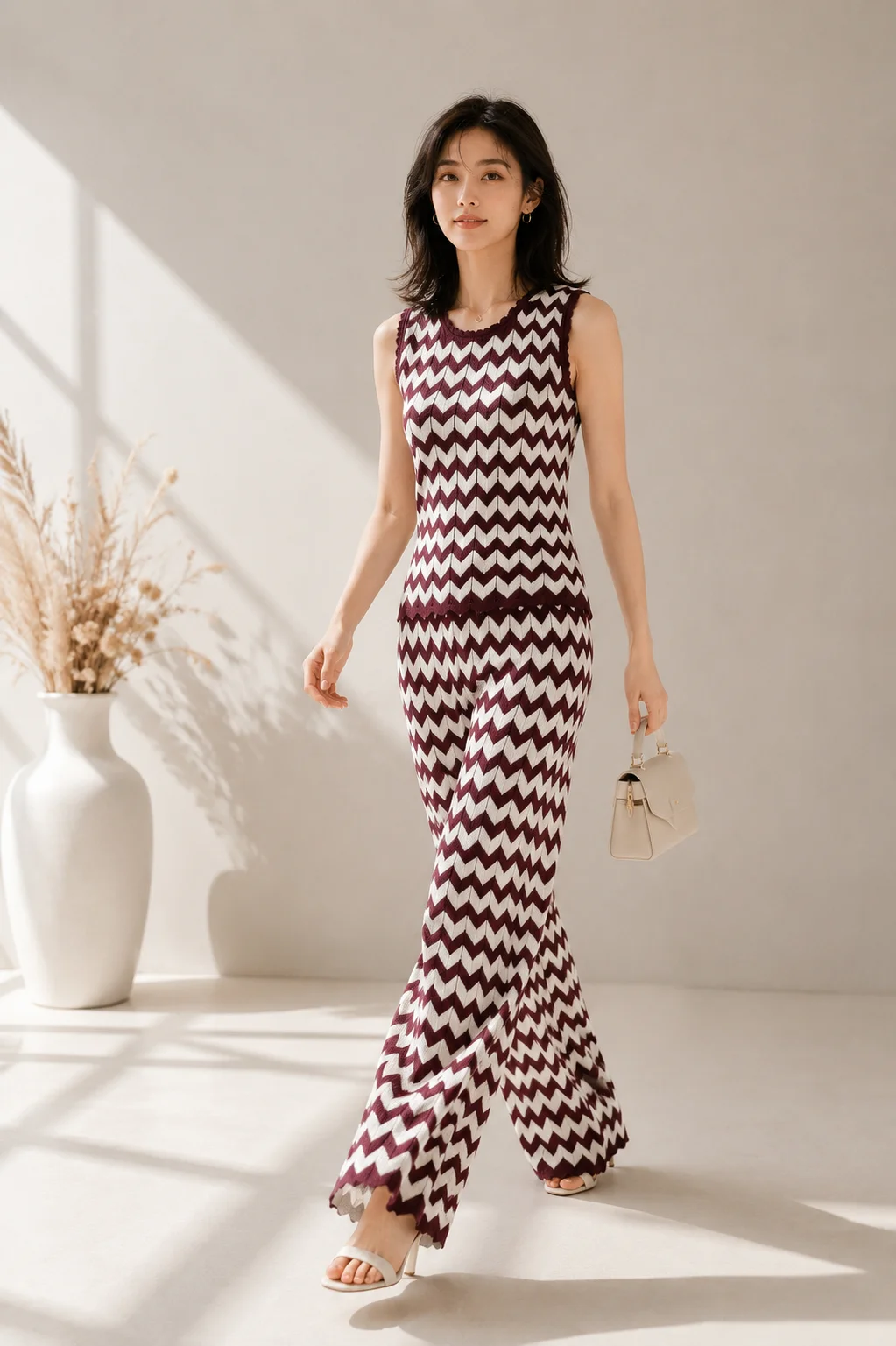 Summer Fashion Suit for Women O-neck Colorblock Wavy Striped Sleeveless Vest Regular Pants 2pcs Casual High Quality Knits