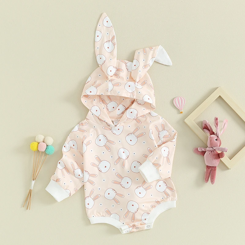 

Easter Bunny Hooded Romper for Newborn Baby Boys Girls Long Sleeve Round Neck Rabbit Ears Bubble Bodysuit Spring Fall Playsuit