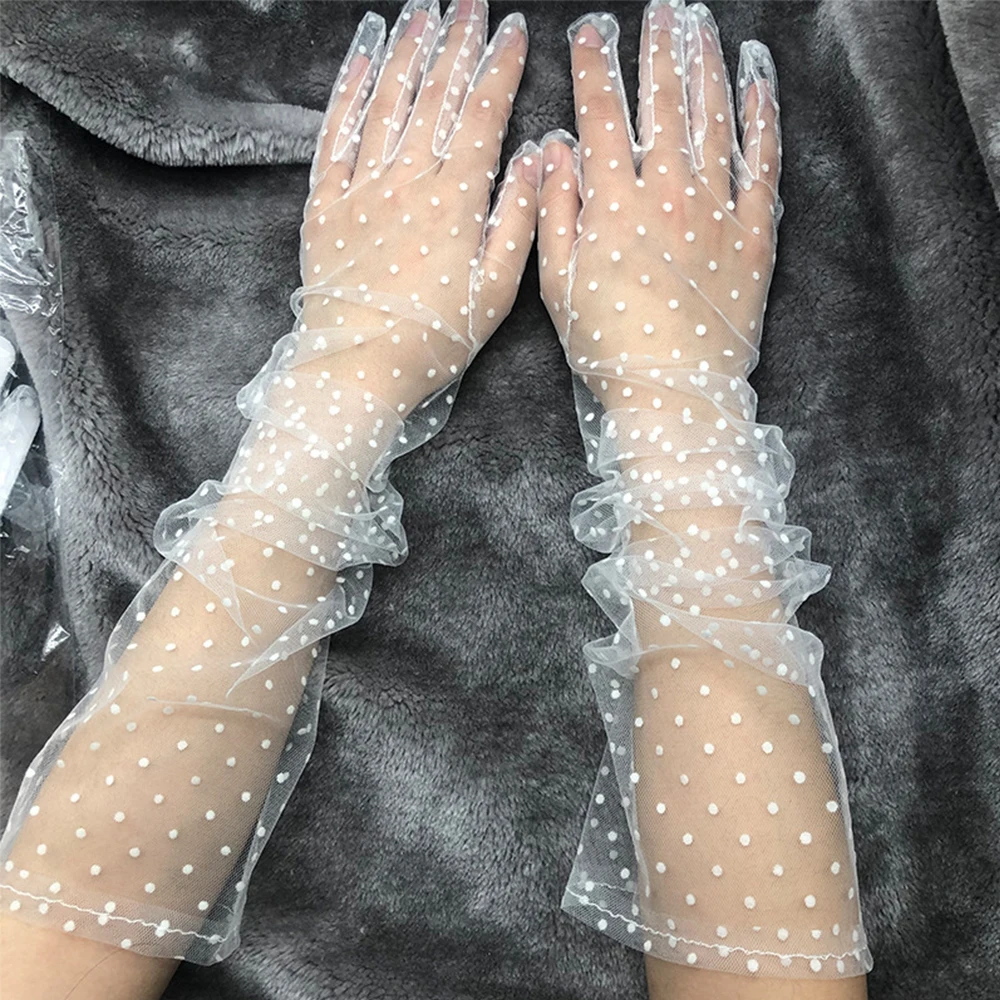 Summer Wedding Full Finger Stretchy Falbala Flexible Accessories Spots Tulle Gloves Spots Gloves Lace Mittens