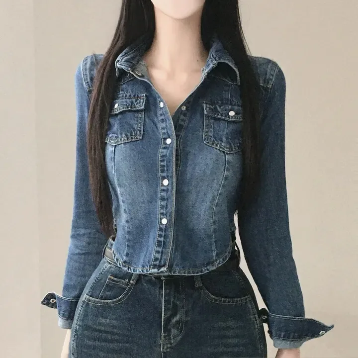 

Retro Sle Chic Spring ort Denim irt Jaet Women's Slim Fit Single Button Notch Collar Vintage Look Cotton Long Sve