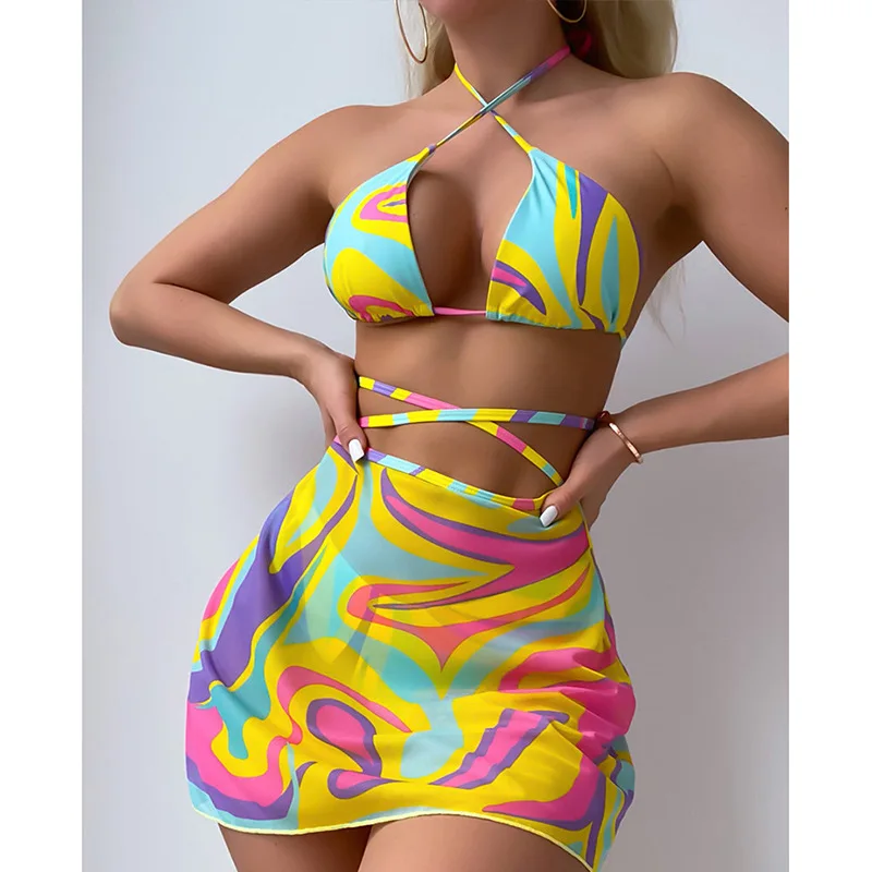 

Printed Cross-strap Bikini Swimsuit Three-piece 2025 New Swimsuit Women's Bikini Beach Skirt Swimsuit Women Bikini Set