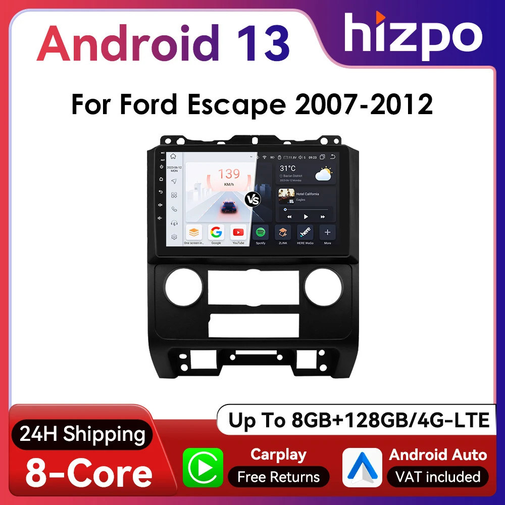 HIZPO 2Din 9inch Android Auto Car Radio for Ford Escape 2007 - 2012 Multimedia Navigation GPS 4G BT CarPlay RDS DSP SWC WiFi