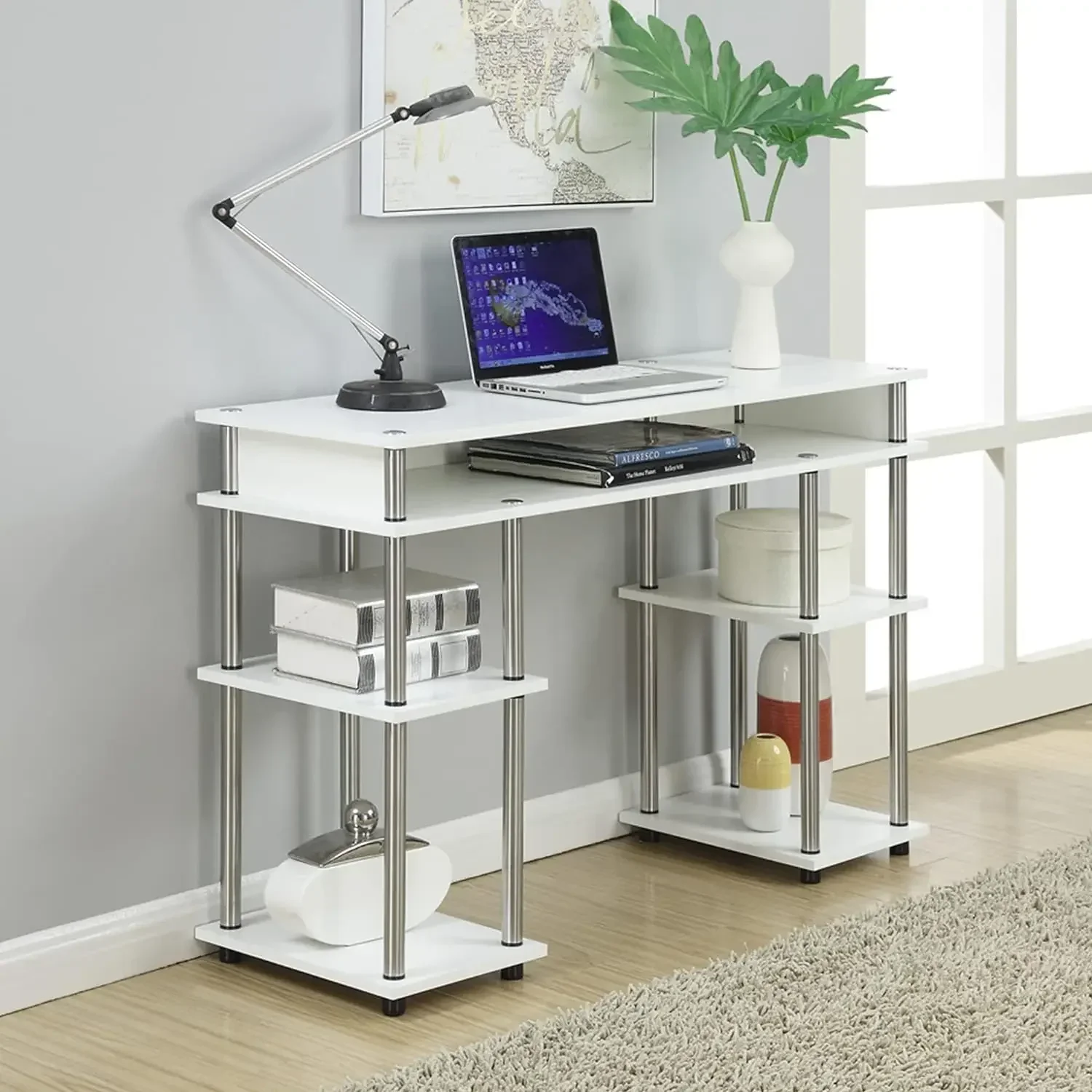 No Tools Student Shelves Desk, 47.25" L x 15.75" W x 30" H, White