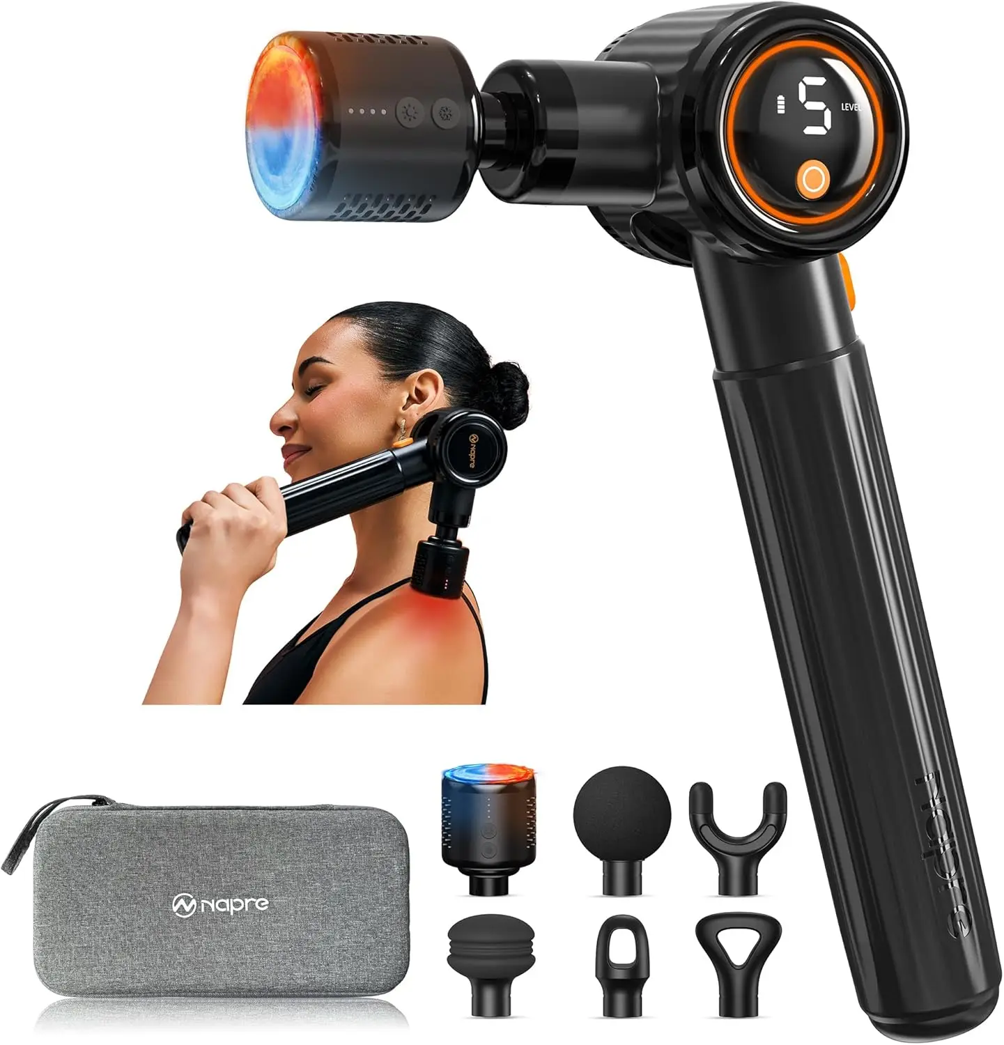 

Massage Gun with Heat and Cold, Deep Tissue Percussion Massager with Extension Handle & 3 Adjustable Angles, Handheld Back Massager for Pain Relief with Case