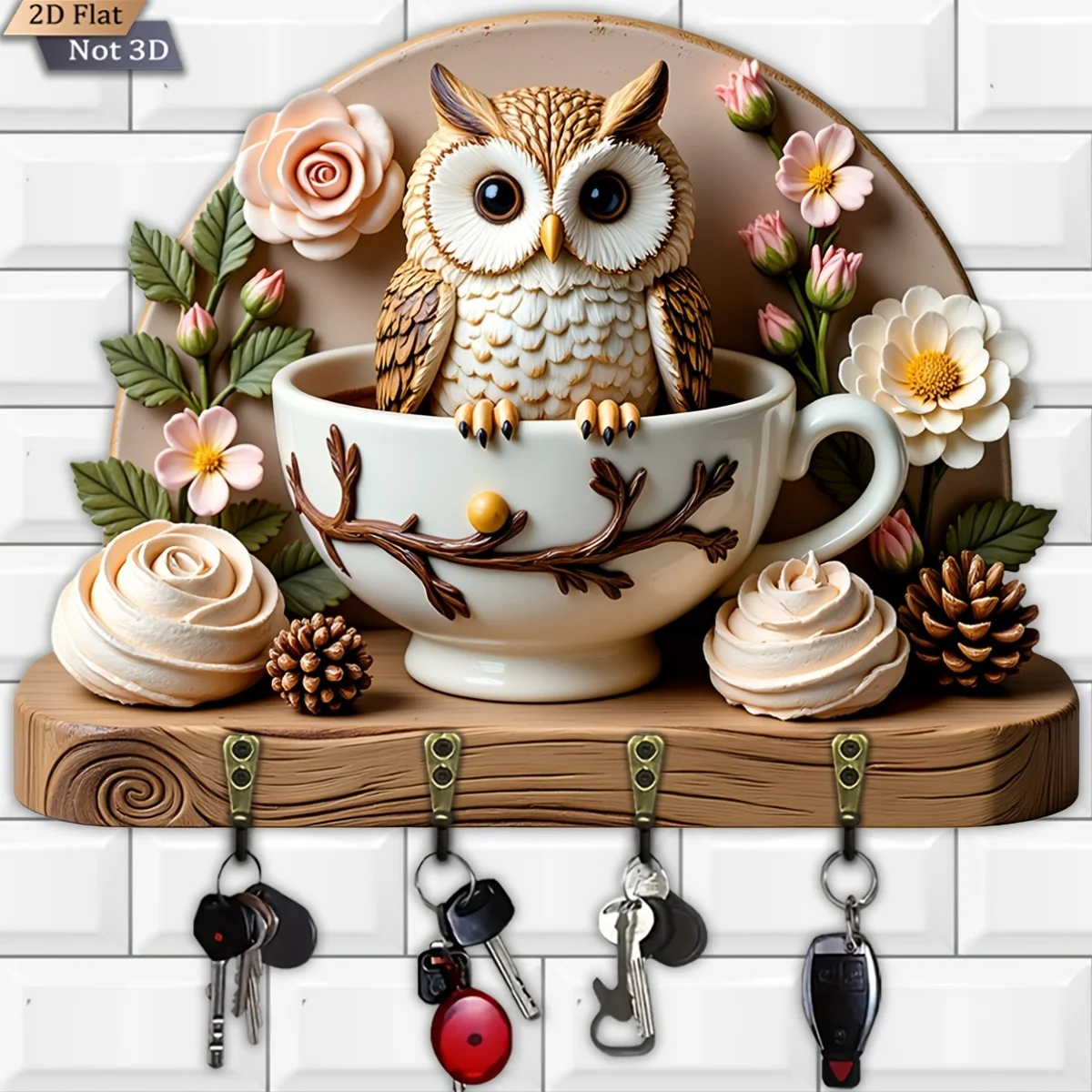 2D Flat, 1pc, Owl Teacup Floral Theme Key Hook, Wooden Multifunctional Home Key Holder with Four Metal Hooks, Suitable for Wall