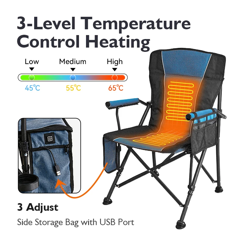 OEM ODM Custom Heated Folding Chair, Adjustable Temp Portable Outdoor Chair for Camping Fishing Beach Park & Outdoor Events