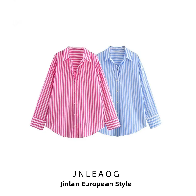 JNLEAOG Spring New Women's Fashion Design Striped Loose Shirt Comfortable Breathable Polyester Long Sleeve  Neck Regular Fit