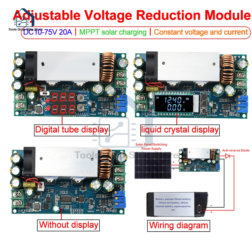 

DC10-75V 20A Adjustable Voltage Reduction Module MPPT Solar Charging Constant Voltage Current Charge Module Step-down Converter