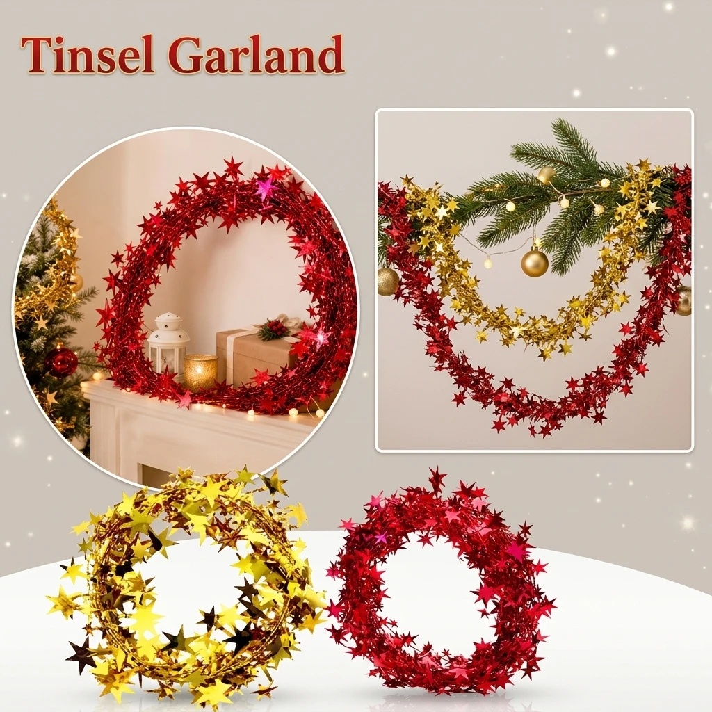 7.5-Meter Christmas Vine with Five-Pointed Star Iron Wire Colored Strip 5-Meter-Long DIY Christmas Decoration Gift
