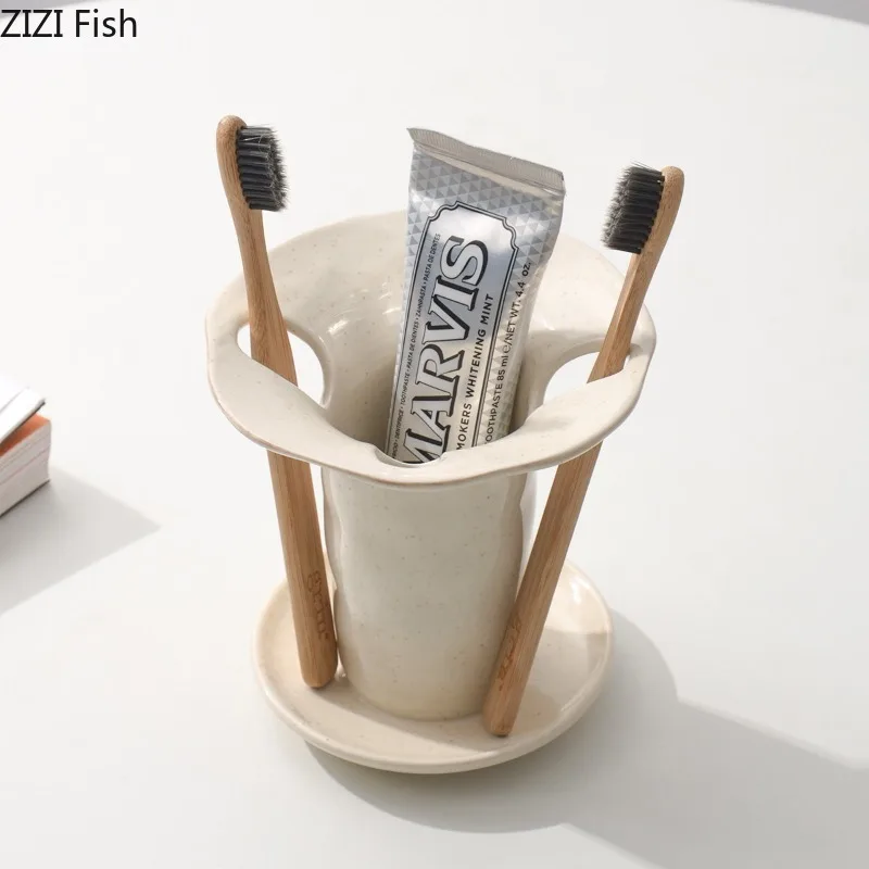 Ceramic Toothbrush Holder Toothpaste Holders Desktop Toothbrush Base Storage Rack Bathroom Shelf Toiletries Makeup Brush Holder