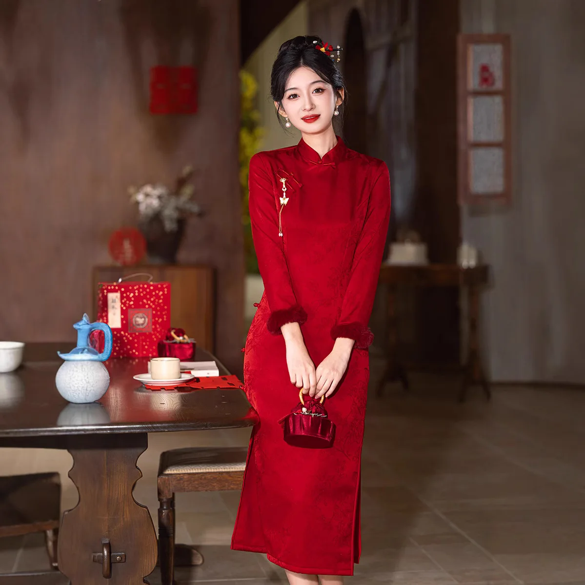 

New 2024 Winter Sle Slim Fit Thi Long Sve High End Daily Wear Chinese Traditional Wedding Dr
