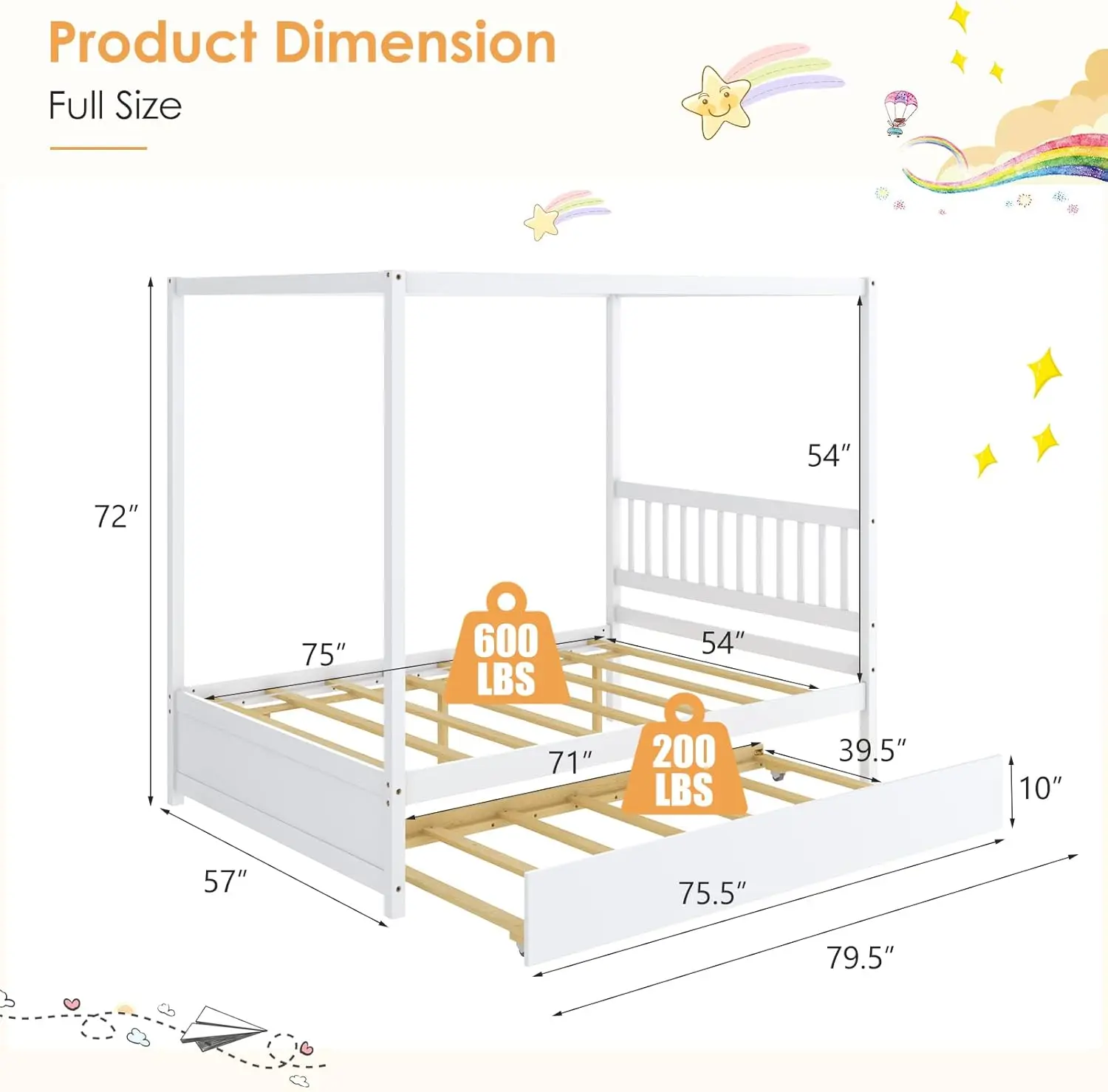 Wood Canopy Bed with Trundle, Full Size Kids Solid Wood Platform Bed Frame with Headboard, Modern Space Saving Full Bed with Twi