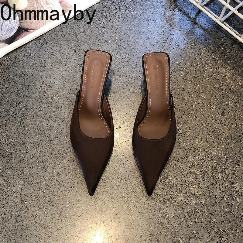 Spring Summer Women Pointed Toe High Heel Slippers Fashion Leopard Print Mules Slide Ladies Evening Party Dress Sandalias