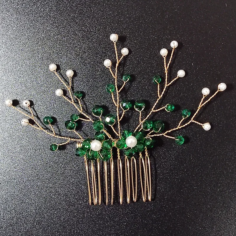 Зеленый цвет с кристаллами и жемчугом, свадебный гребень для волос, женский свадебный головной убор ручной работы со стразами, аксессуары для головы невесты, ювелирные изделия, головной убор