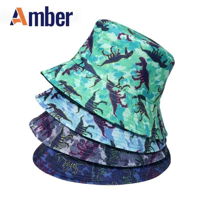 

Amber Cartoon Bucket Hat Dinosaur Print Panama Fisherman Hats For Men Women Double Sides Vintage Animal Summer Outdoor Sunscreen