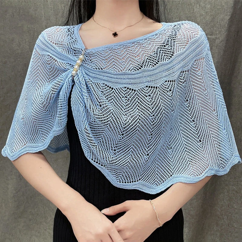 Women Hollow Knit Mesh Sunscreen Shawl Scarf Female Summer Pearl Pin Pullover Blouse Cape Versatile Camisole Clothing R73