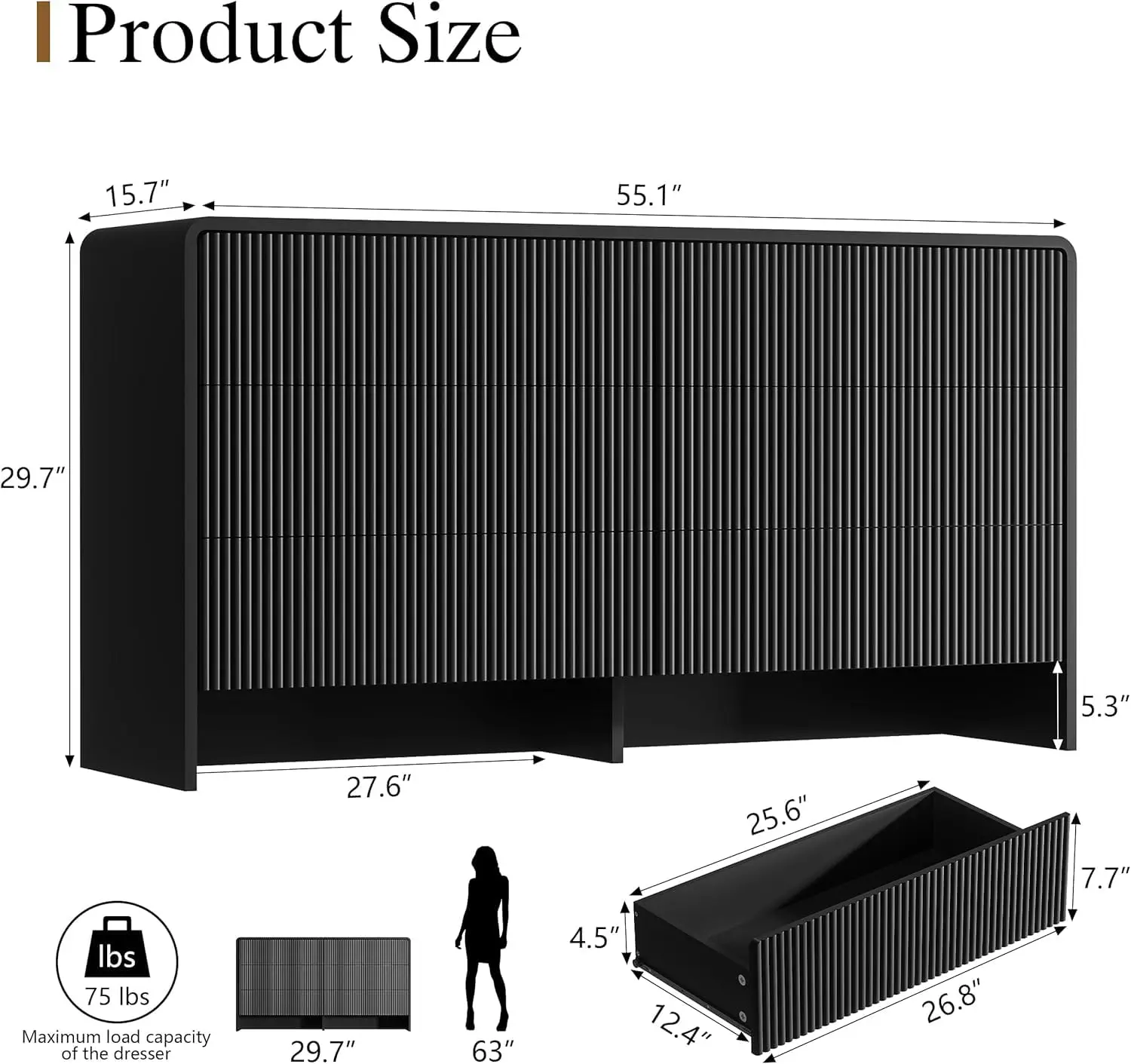 6 Drawer Dresser & 2 Nightstands Set, Fluted Pop-Up Design Storage Furniture for Bedroom Living Room Entryway, Black, Customized
