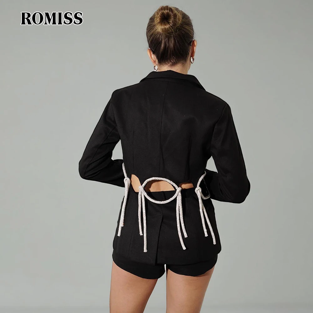 

ROMISS Hollow Out Blazers For Women Notched Collar Long Sleeve Patchwork Button Solid Fashion Spring Folds Coat Female 2024