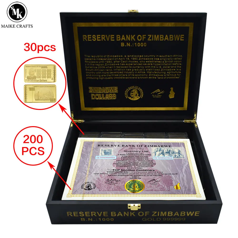 200pcs/box New Zimbabwe Banknotes Vintage TOP Nonillon Containers with Gold Bars and Beautiful Gift Box