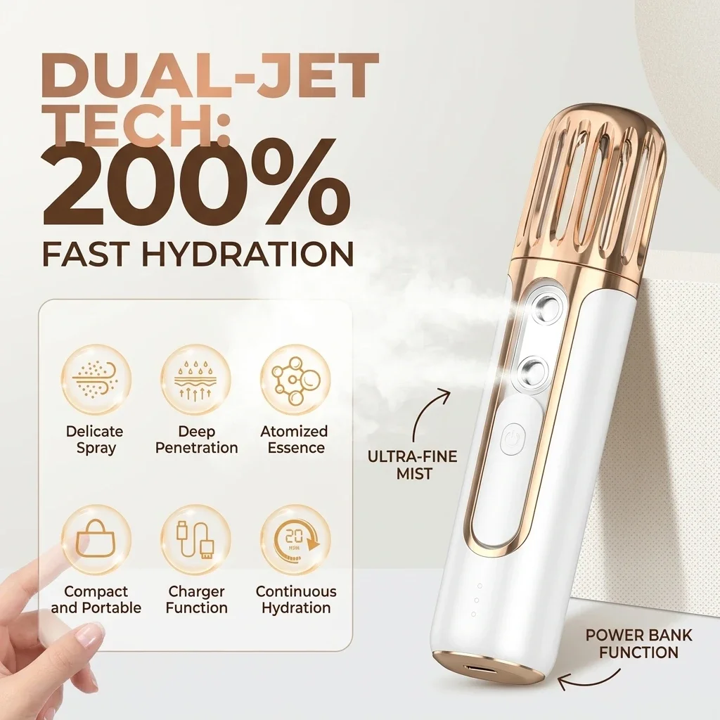 Facial Steamer Portable Dual Jet Nano Face Mister, Professional Cold Mist Sprayer for Deep Hydration, Precision Dual Nozzle Moisturizing Beauty Instrument for Office and Travel, White and Gold