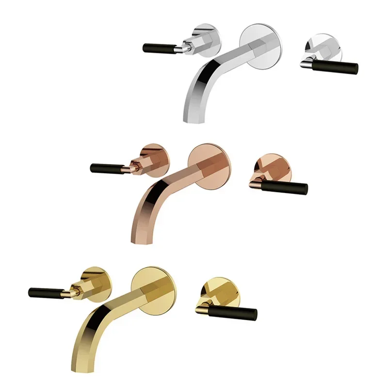 Rose Gold Wall Mounted Bathroom Faucet with Double Handles Hexagonal Style Hot And Cold Water Mixer