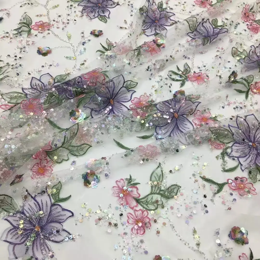 

Nigerian 3D Fowers Beaded Lace Fabric Luxury Mesh Lace Material Sew Women Weddings Dresses African Embroidery Beaded Lace Fabric