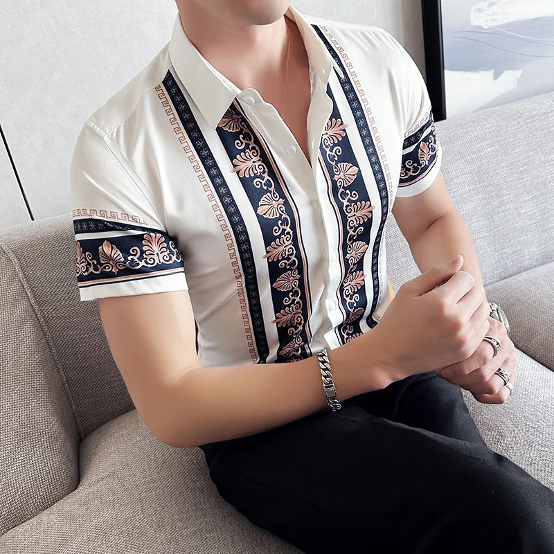 2023 Summer New Fashion Short Sleeve Print Shirt Men Slim Fit Business Social Party Dress Shirts Streetwear Plus Size 6XL-M