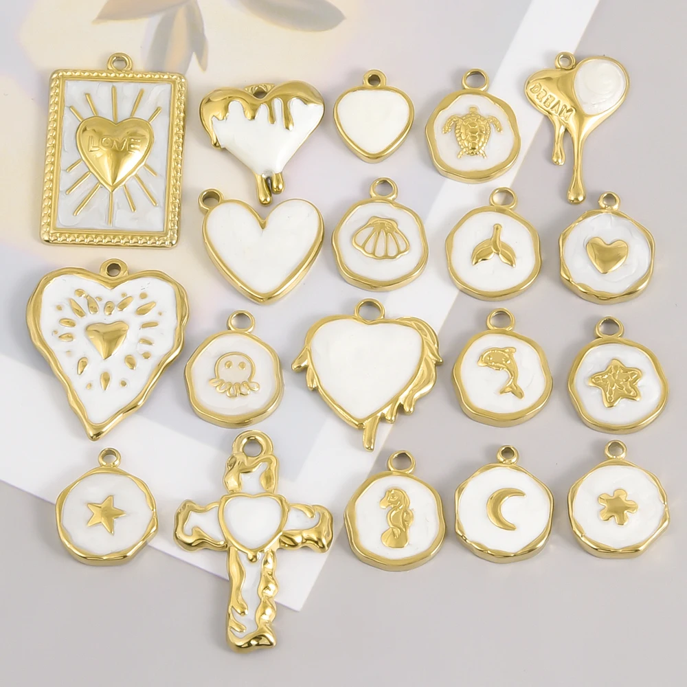 

6pcs Real Gold Plated Ocean Animal White Enamel Charm Stainless Steel Oil Drop Heart Pendant Charms For Jewelry Making Supplies