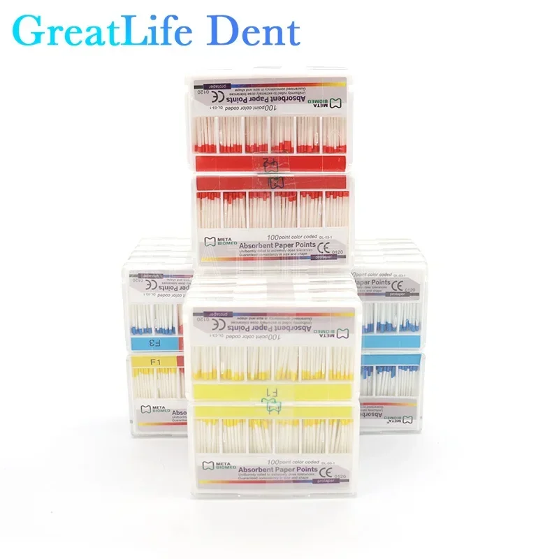 GreatLife Dent 100 pz/scatola Punte Cono F1 F2 F3 Mutil F4 F5 Dimensioni Radice Dentale Endodonzia Punti di Carta Assorbenti di Umidità