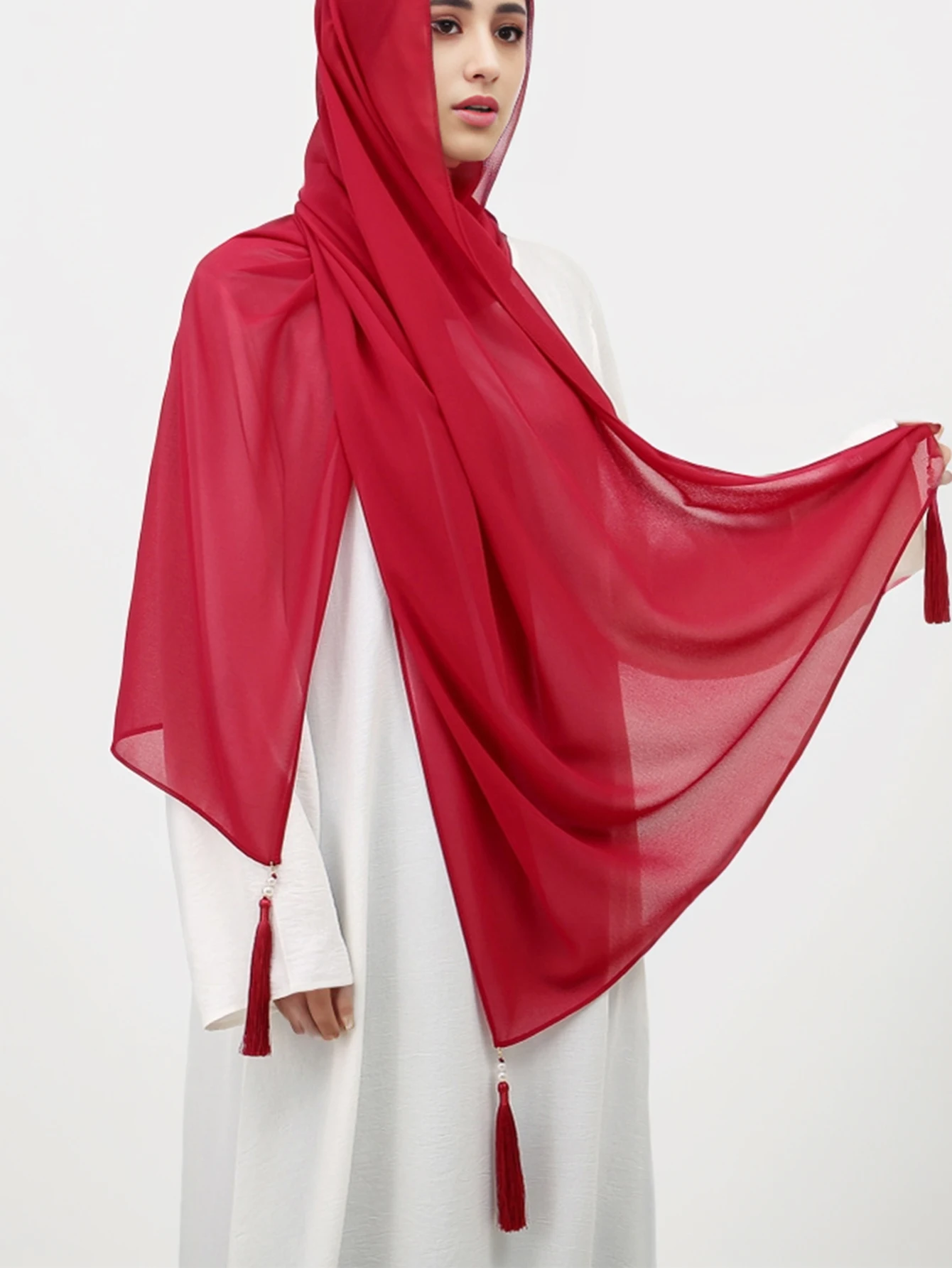 Hijab de gasa liso para mujer, chal largo con borla, diadema musulmana, bufanda islámica de moda, 180x70cm, novedad