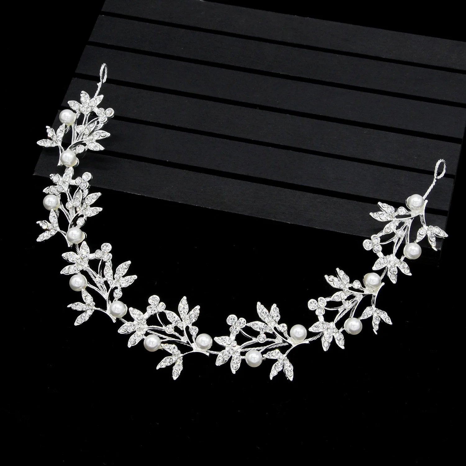 Fashion Bridal Hairband Sliver Rhinestone Pearl Women Hair Accessories Flower and Leaf  Aolly Jewelry Hair Headpiece For Wedding