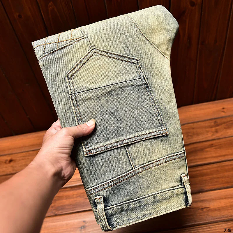 Vintage Jeans Heren Gewassen Gele Modderkleur Slanke Skinny Broek Stretch Street Trend Distressed Fashion Rechte Broek