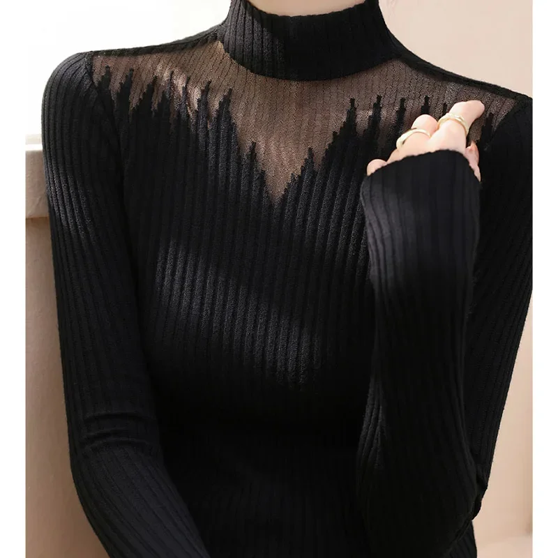 가을 겨울 신상 솔리드 레이스 풀오버 여성 의류 우아한 니트 스웨터 패션 홀로우 아웃 엘라스틱 슬림 탑