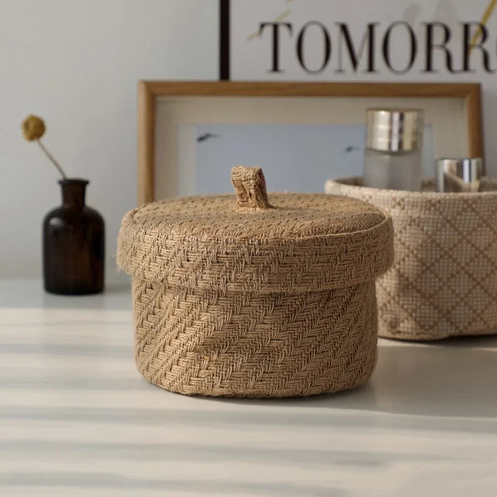 Weaving Snack Storage Box Jute  Sundries Storage Baskets With Lids Wardrobe Table Round Gift Box Wicker Seagrass Flower Pot