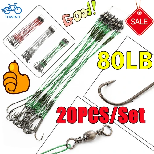 Juego de correas de alambre de acero antimordida para pesca, anzuelos giratorios de 80lb con anzuelo de Baitholder, línea de pesca de lucio y lubina, 12-25cm, 20 unidades