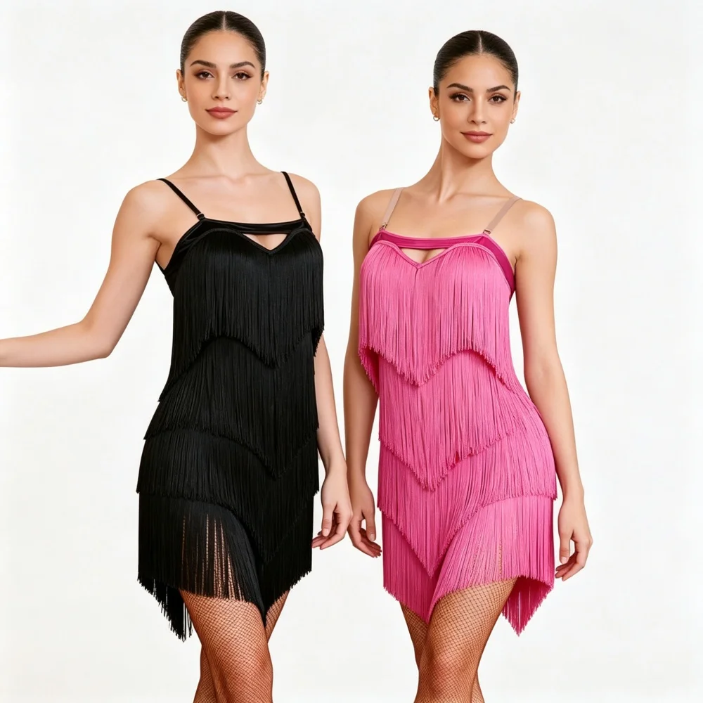 Women Fringe Latin Dance Dress Spaghetti Strap Salsa Samba Tango Stage Performance Costume Party Dancewear