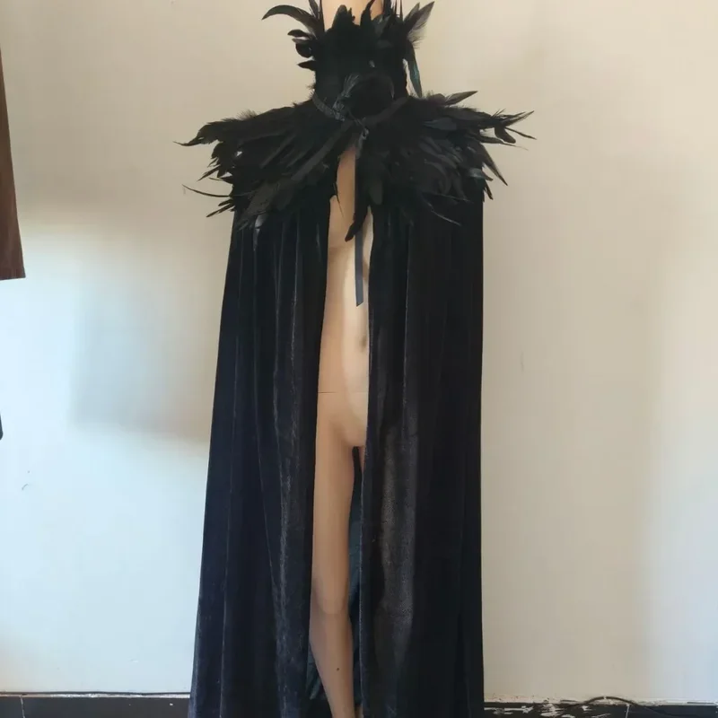 MN1 Cosplay Black Evil Witch Cloak Steampunk costumes Feather Collar Light Gauze Cape  Length 180cm Halloween carnival party8/yG