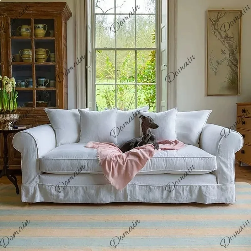 Nordic wabi sabi white washed cotton linen dismantling and washing straight row sofa studio B & B