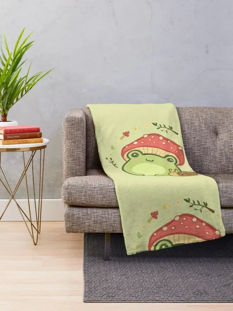 Super Cute Kawaii Frog with Toadstool Mushroom Hat Snail - Cottagecore Aesthetic Forggy Mushrooms - Amanita Muscar Throw Blanket