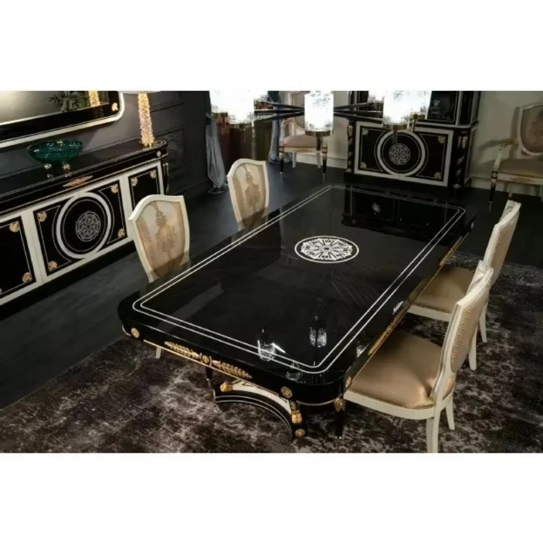 

Designer Antique Dining Room Set Luxury Black And Gold Wood High Glossy Rectangular Table With Chairs