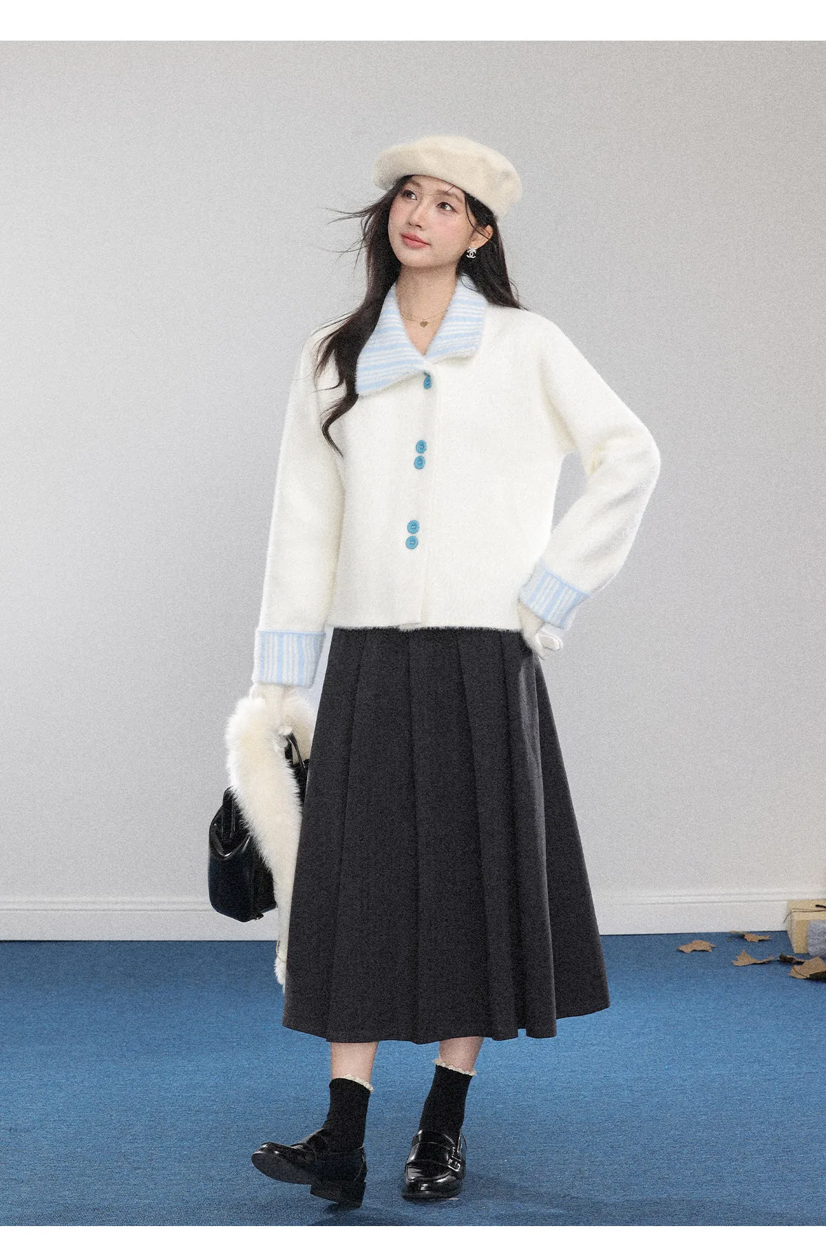 Cárdigan de Punto con Imitación de Piel de Visón Blanco, Cuello a Rayas Azules y Blancas, Chaqueta Suéter de Color Contrastante, Cálida y Suave para Mujer