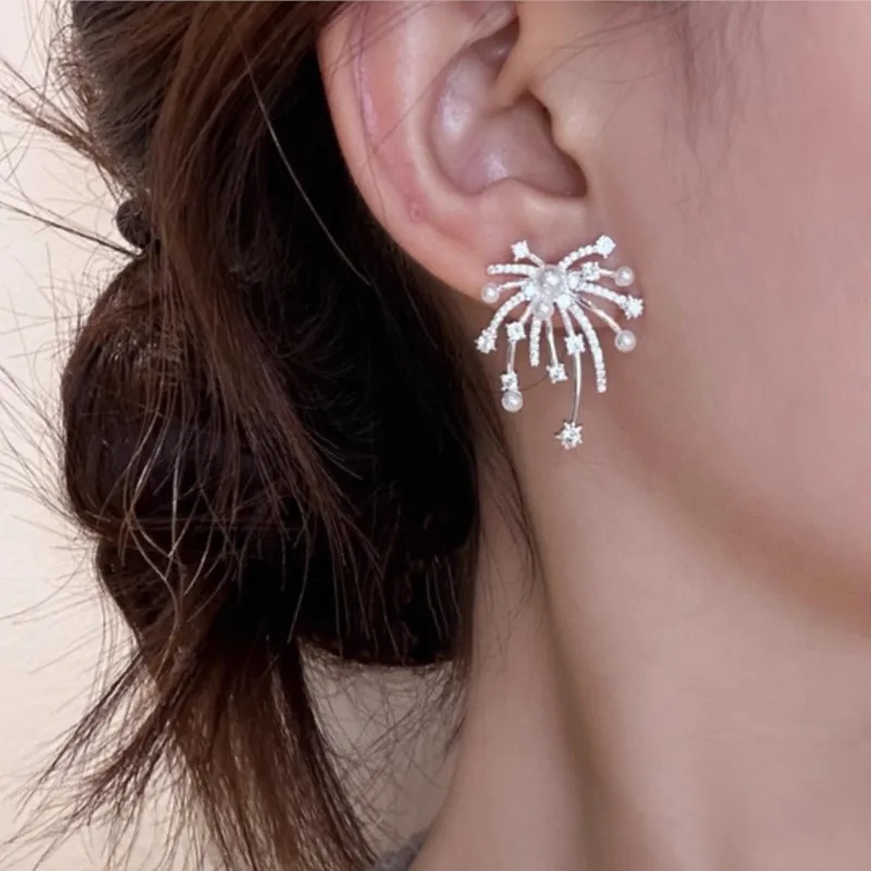 

PANJBJ 925 Sterling Silver Flower Pearl Earrings For Women Irregular Tassel Line Sweet Creativity Jewelry Gift Dropshipping