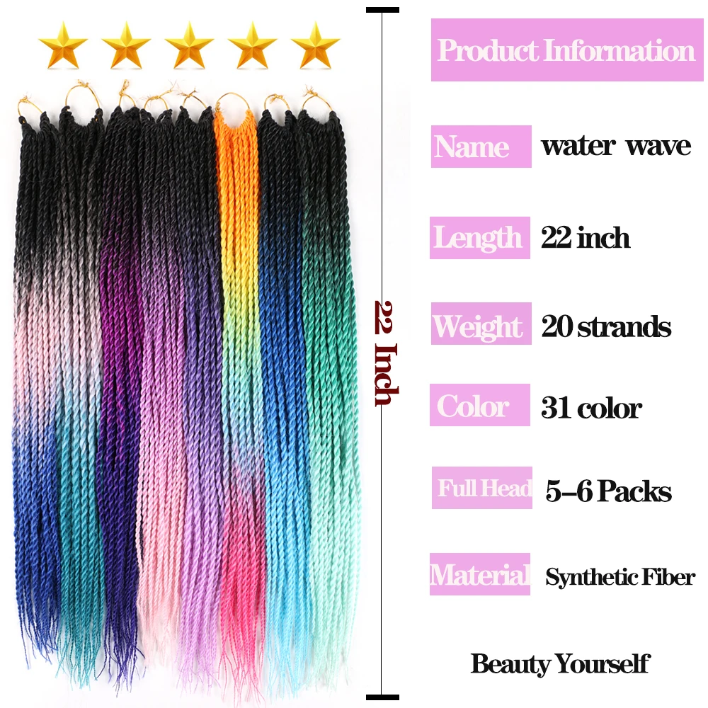 Trenzas de ganchillo de pelo sintético ombré senegalés para mujer, 22 pulgadas, 20 raíces, paquete de cabello trenzado, gris, azul, rosa, blanco