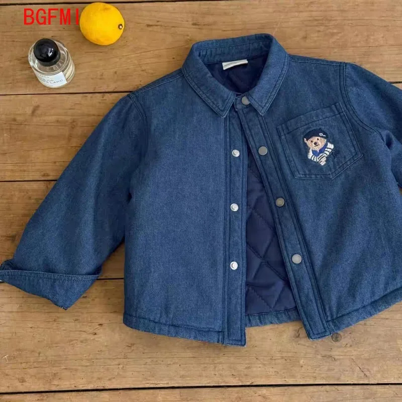 Boys Fashionable Blue Denim Jacket Quilted Shirt Autumn/Winter 2026 New Single Breasted Cotton Padded Clothes for Babies 1-10Yrs