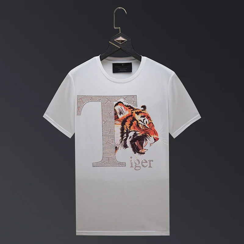 2025 Letter Tiger Rhinestones T Shirt Men Fashion Streetwear O Neck Short Sleeve Slim Modal Cotton Casual T-shirts Plus Size 6XL