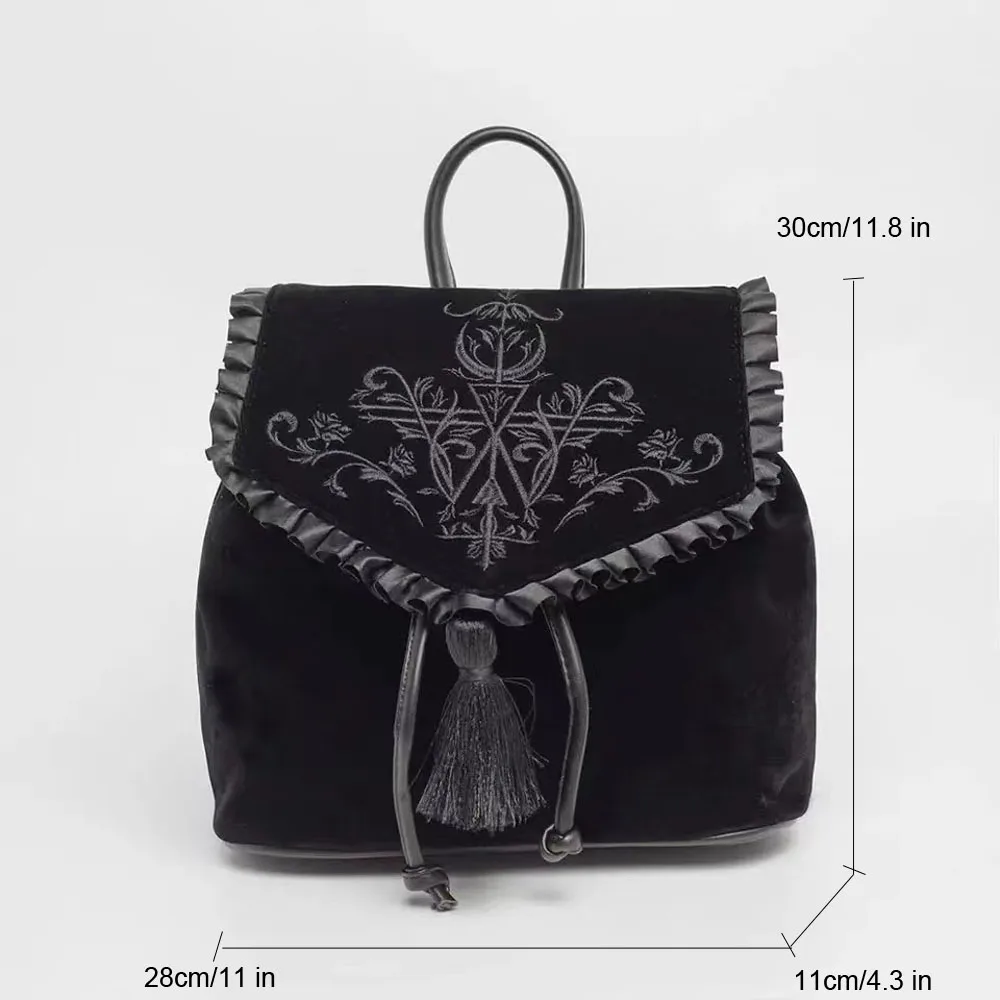 Annmouler Witch Harajuku borsa da ricamo magica zaino in velluto stile gotico nero borsa da viaggio zaino da donna stile Punk Rock scuro