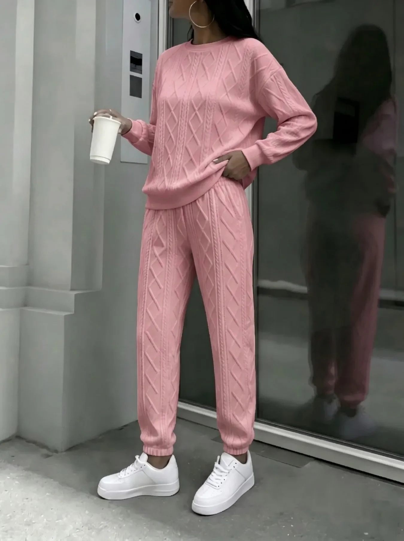 Women Cable Knit 2 Piece Outfit Set, Crewneck Long Sleeve Sweater Top & Drawstring Jogger Pants, Casual Loose Matching Loungewear Tracksuit For Street Daily Wear