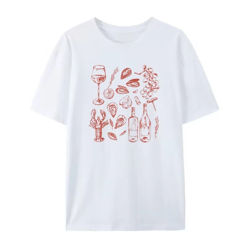 Women Retro Style Italian Seafood Print T-Shirt Vintage Aesthetic Oyster Lobster T Shirt Cute Foodie Shirt Loose Vacation Tops