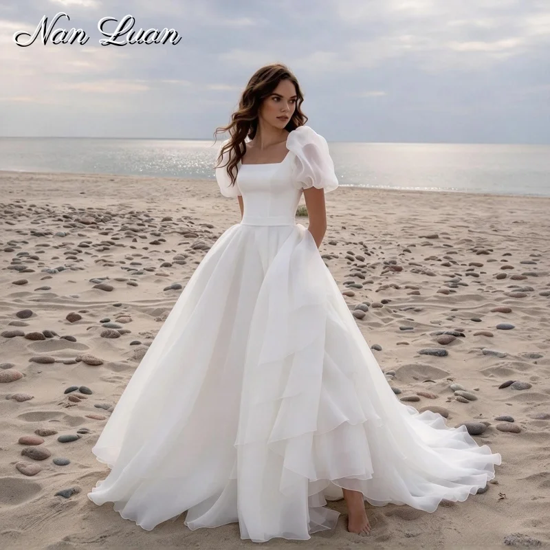 Destination Wedding Dress Simple A Line Puff Sleeve Square Neck Organza Bridal Gown Vestidos De Novia Customized